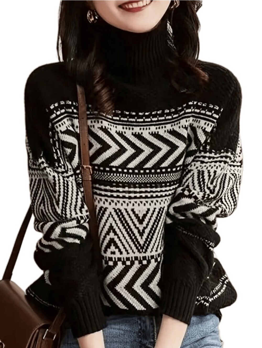 SHEIN Black & White Geometric Turtleneck Sweater - Women